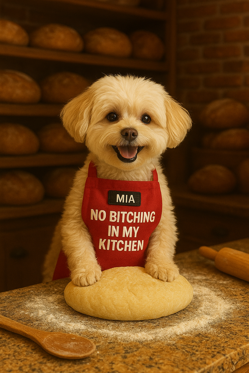 Mia Kneading Dough On Granite Countertop